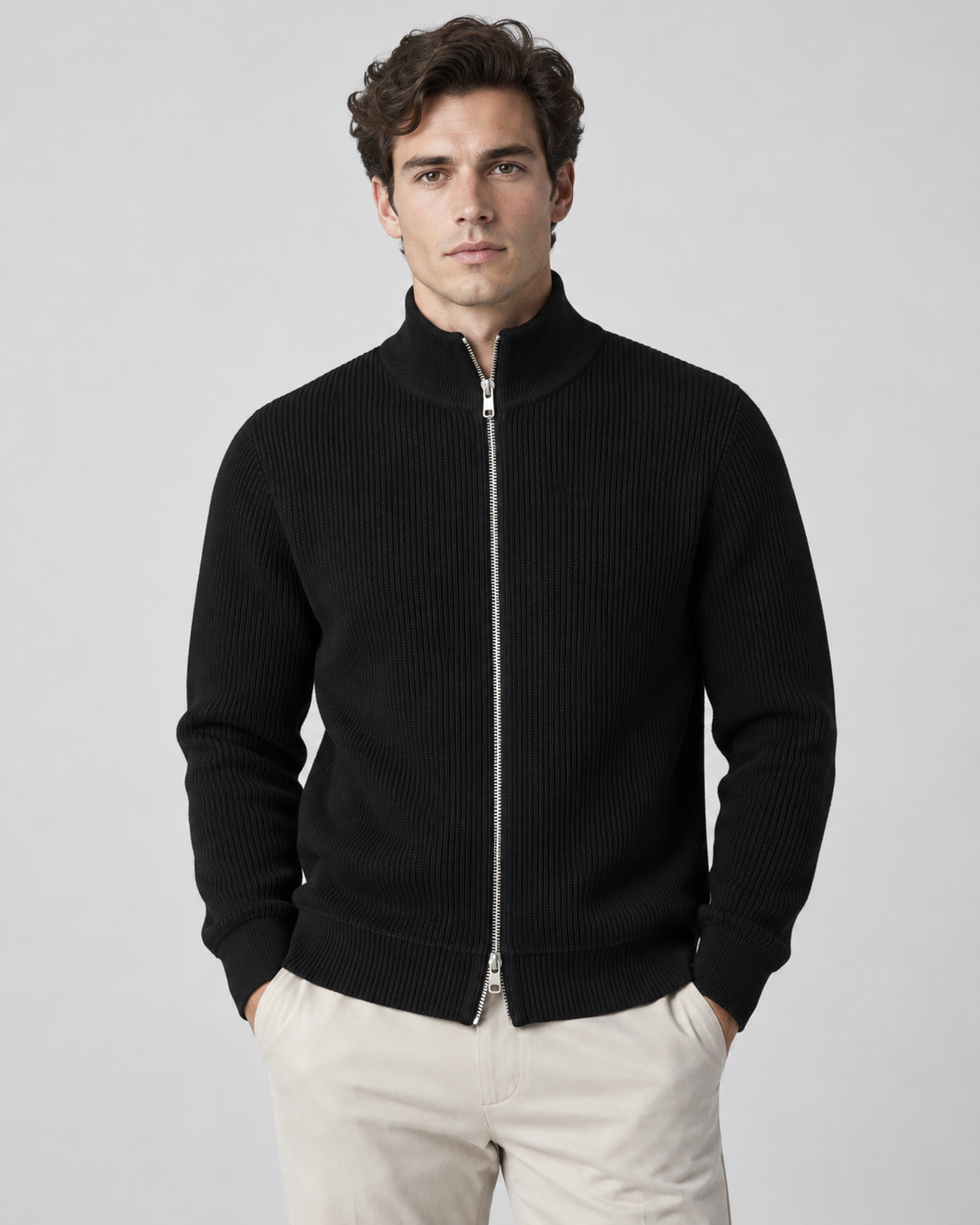 Men's Full-Zip Knit Sweater – Ribbed Stand Collar Cardigan