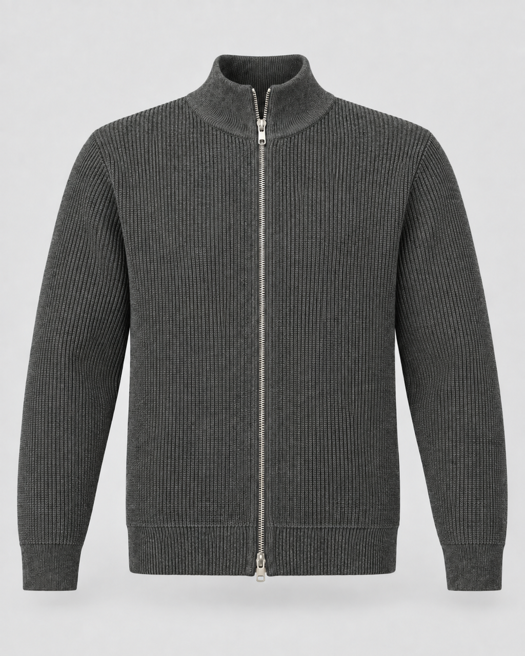 Men's Full-Zip Knit Sweater – Ribbed Stand Collar Cardigan