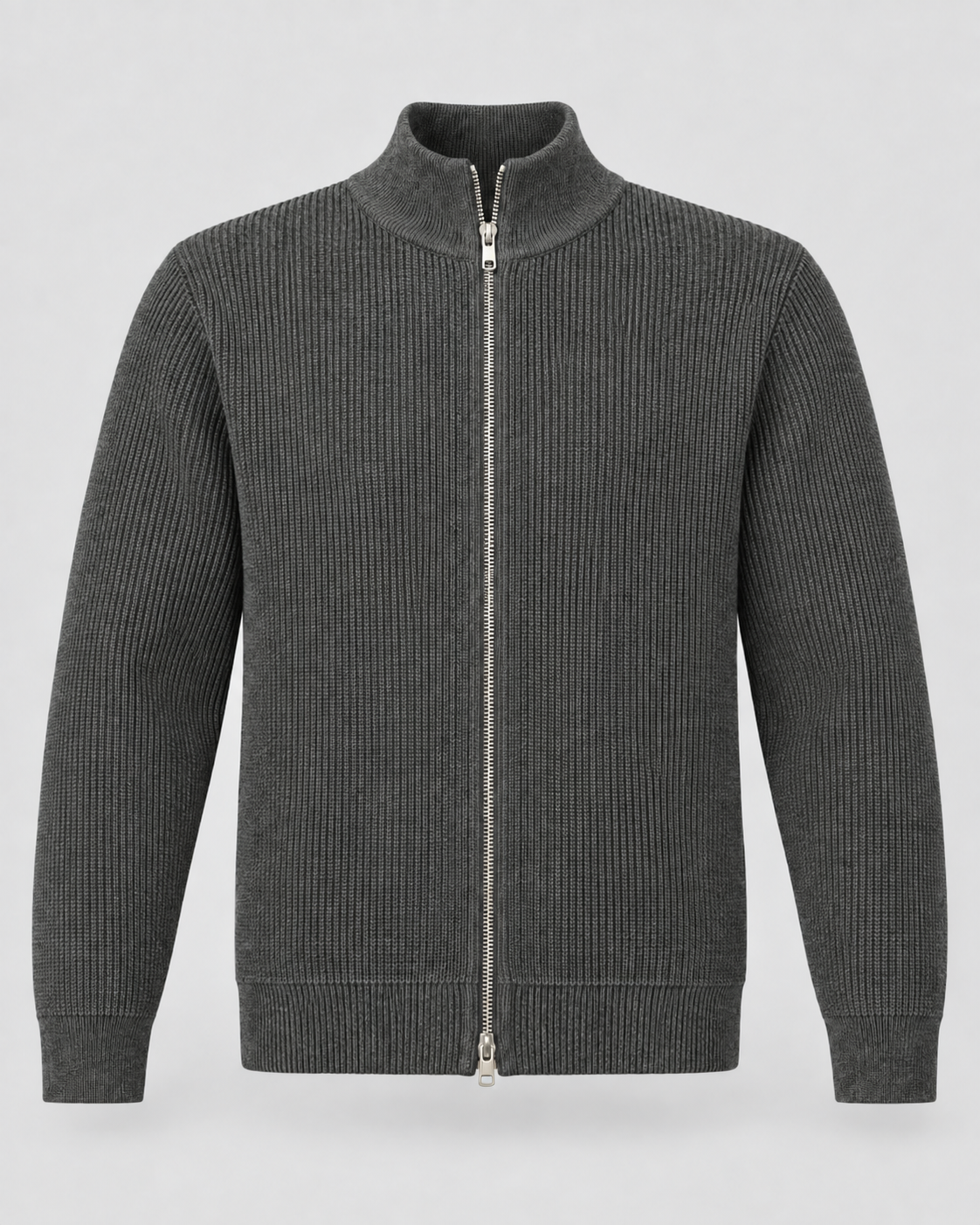 Men's Full-Zip Knit Sweater – Ribbed Stand Collar Cardigan