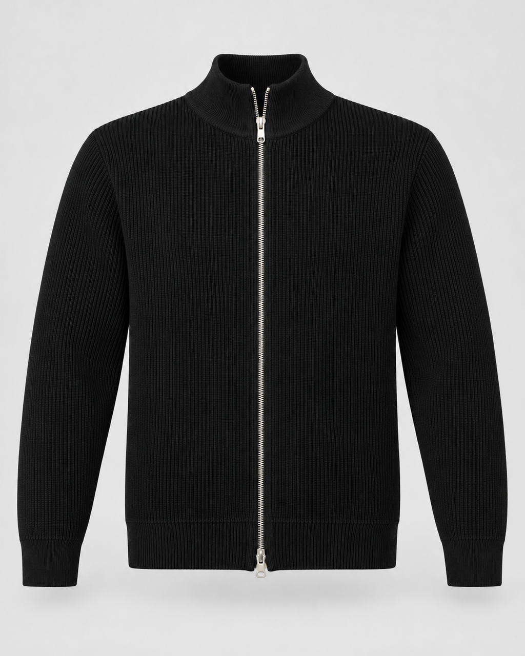 Men's Full-Zip Knit Sweater – Ribbed Stand Collar Cardigan