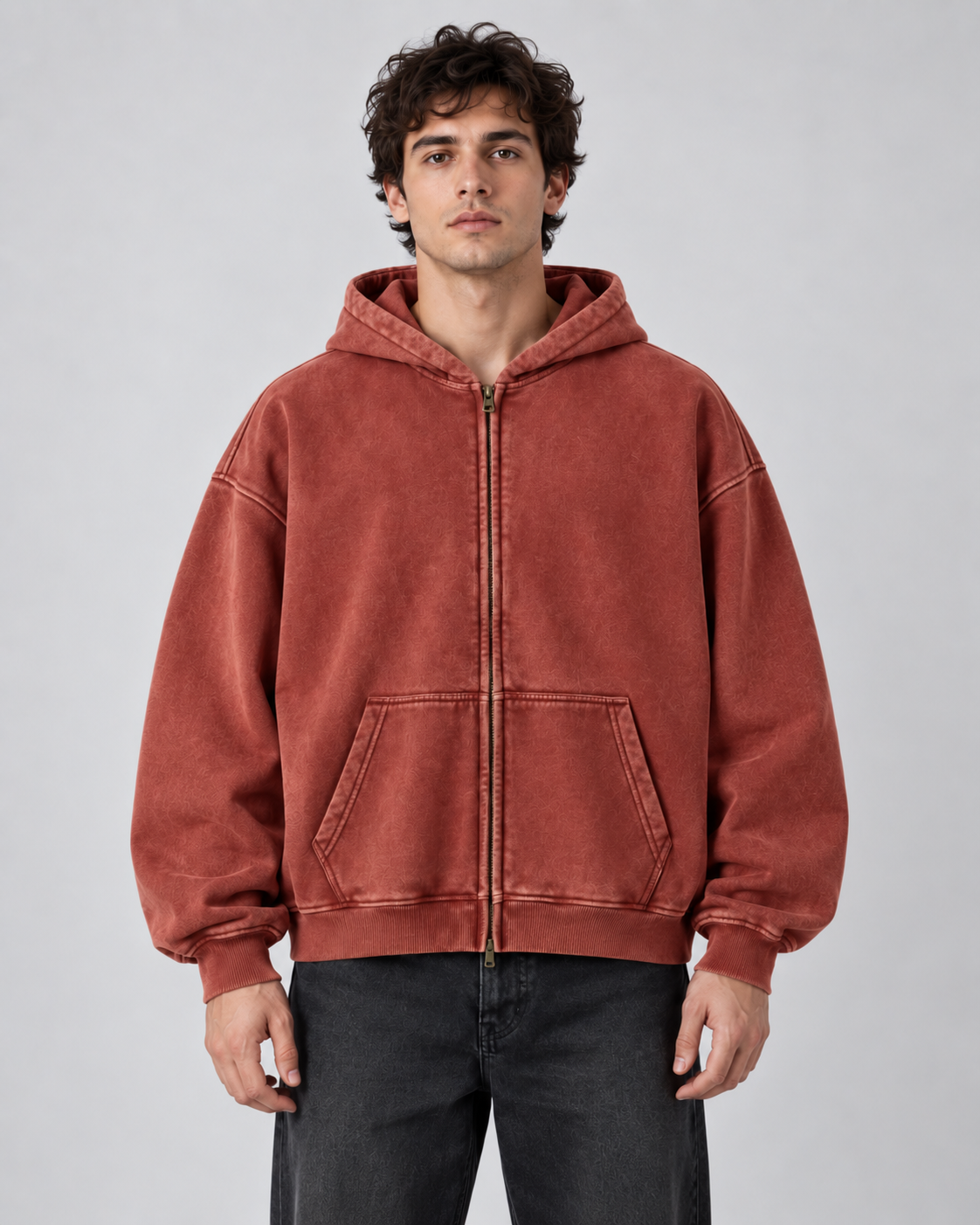Men's Vintage Wash Zip-Up Hoodie – Oversized Fleece Sweatshirt