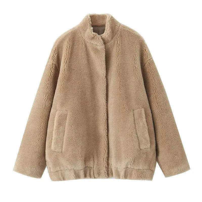 Women's Oversized Teddy Jacket – Plush High Collar Winter Layer