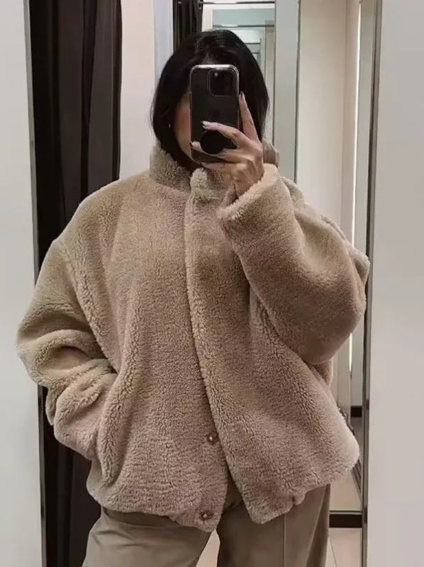 Women's Oversized Teddy Jacket – Plush High Collar Winter Layer