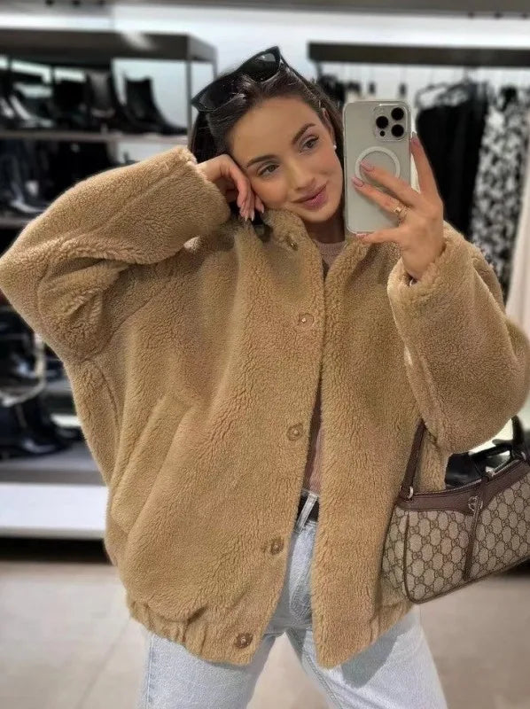 Women's Oversized Teddy Jacket – Plush High Collar Winter Layer
