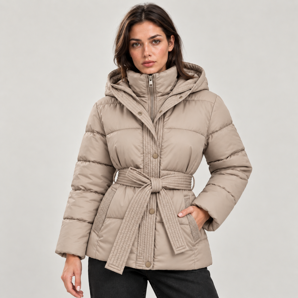 Women's Belted Hooded Puffer Jacket – Quilted Zip Coat with Tie Waist