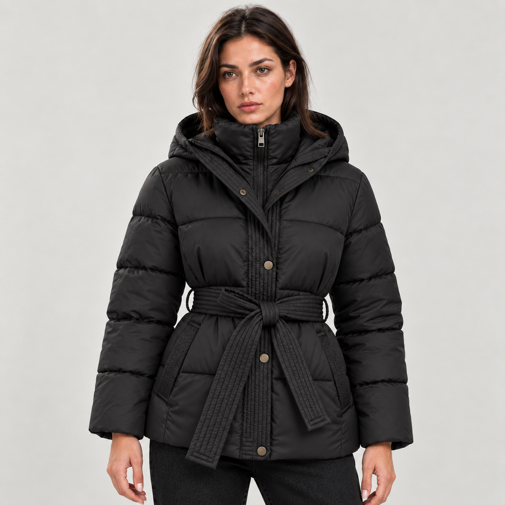 Women's Belted Hooded Puffer Jacket – Quilted Zip Coat with Tie Waist