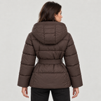 Women's Belted Hooded Puffer Jacket – Quilted Zip Coat with Tie Waist