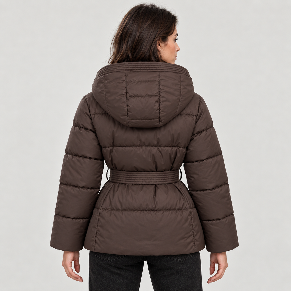 Women's Belted Hooded Puffer Jacket – Quilted Zip Coat with Tie Waist