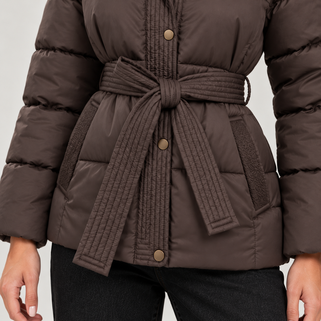 Women's Belted Hooded Puffer Jacket – Quilted Zip Coat with Tie Waist