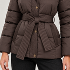 Women's Belted Hooded Puffer Jacket – Quilted Zip Coat with Tie Waist