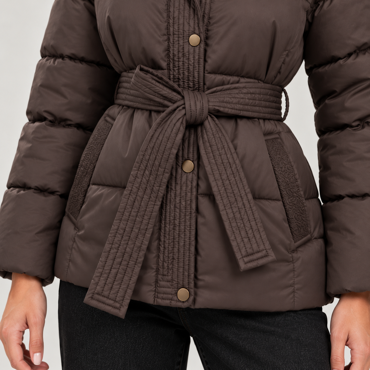 Women's Belted Hooded Puffer Jacket – Quilted Zip Coat with Tie Waist