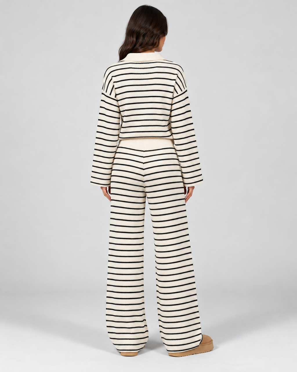 Women's Striped Knit Two-Piece Set – Polo Top & Wide Leg Pants