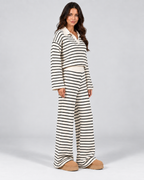 Women's Striped Knit Two-Piece Set – Polo Top & Wide Leg Pants