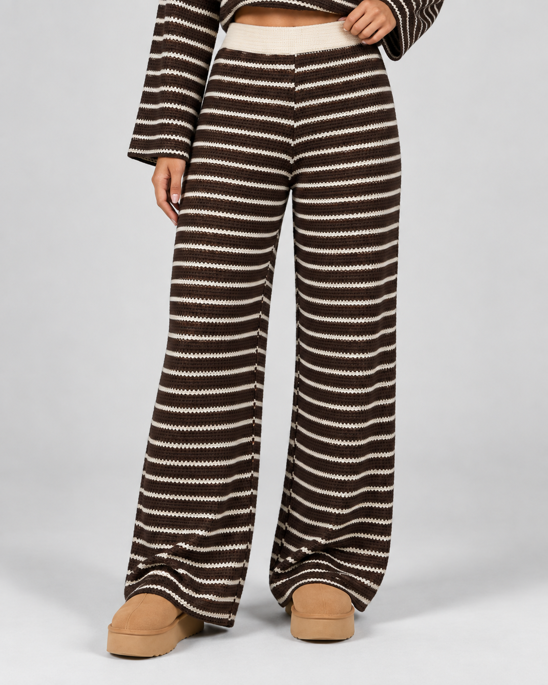 Women's Striped Knit Two-Piece Set – Polo Top & Wide Leg Pants