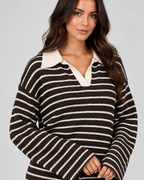 Women's Striped Knit Two-Piece Set – Polo Top & Wide Leg Pants