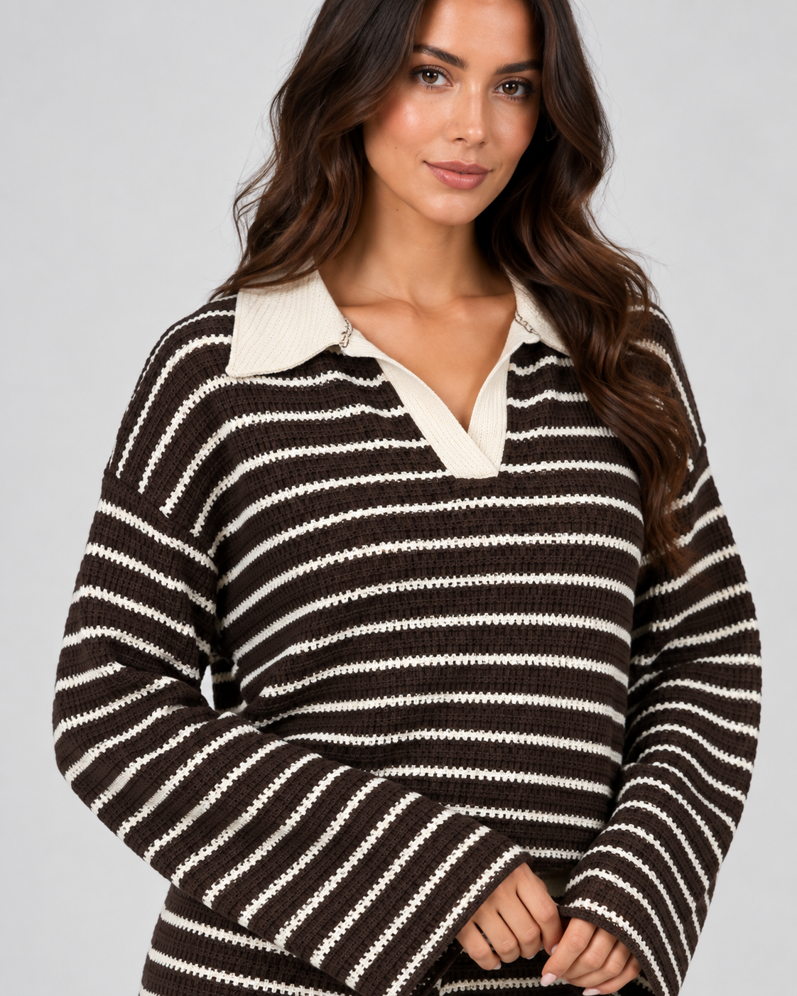Women's Striped Knit Two-Piece Set – Polo Top & Wide Leg Pants