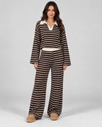 Women's Striped Knit Two-Piece Set – Polo Top & Wide Leg Pants
