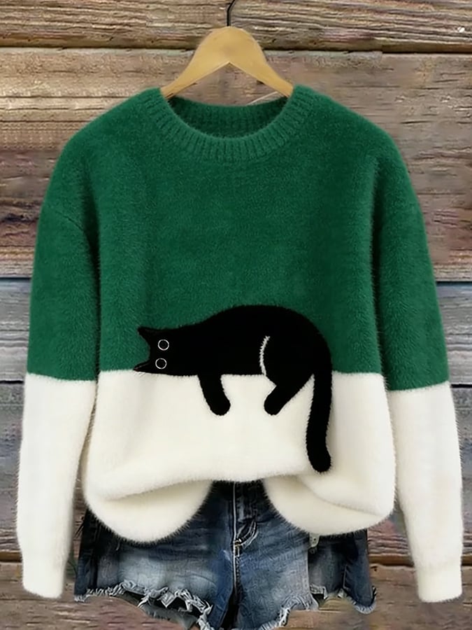 Women's Cat Print Pullover Sweater – Relaxed Fit Casual Knit