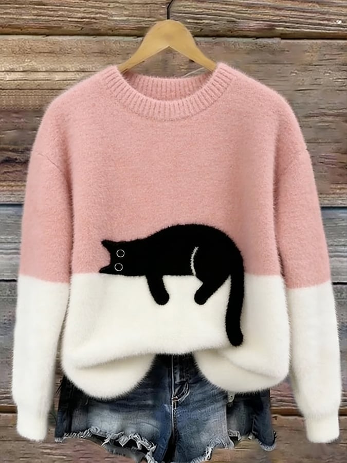Women's Cat Print Pullover Sweater – Relaxed Fit Casual Knit