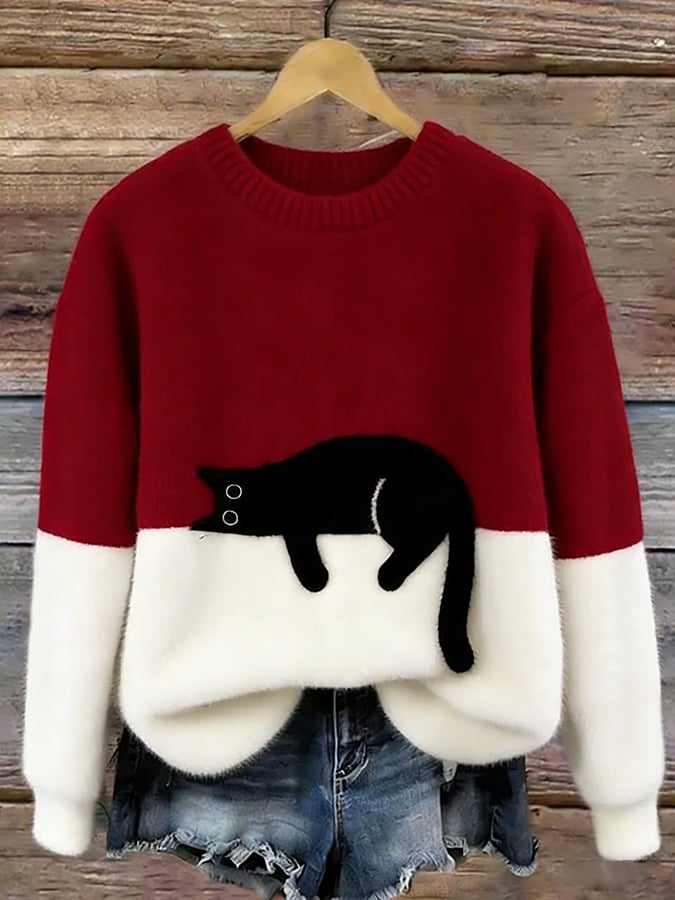 Women's Cat Print Pullover Sweater – Relaxed Fit Casual Knit