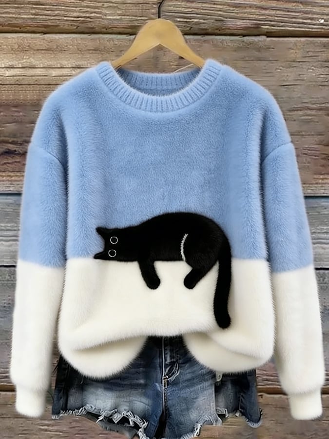 Women's Cat Print Pullover Sweater – Relaxed Fit Casual Knit