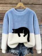 Women's Cat Print Pullover Sweater – Relaxed Fit Casual Knit