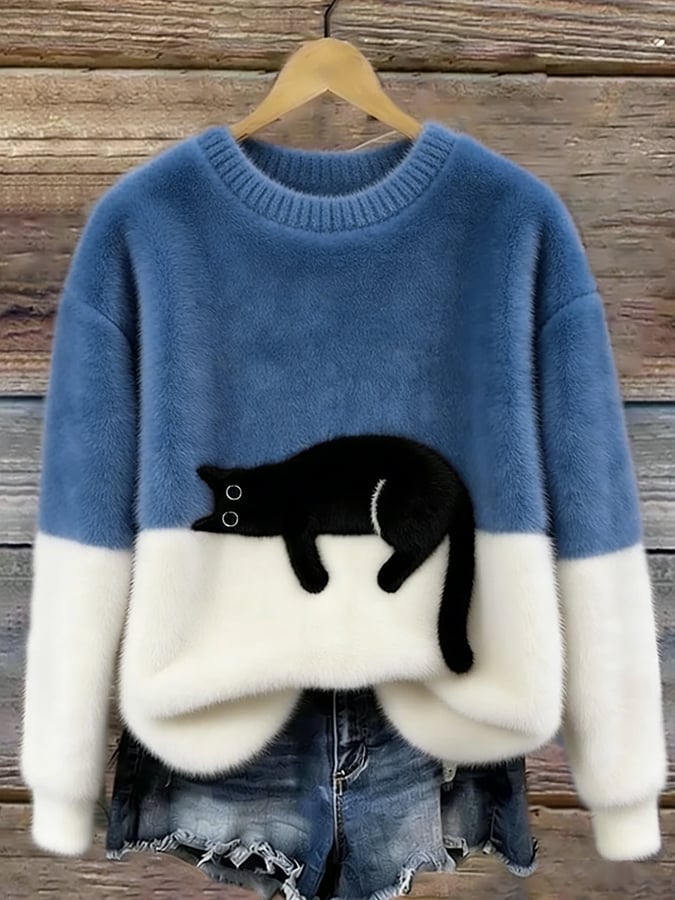 Women's Cat Print Pullover Sweater – Relaxed Fit Casual Knit