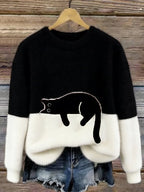 Women's Cat Print Pullover Sweater – Relaxed Fit Casual Knit