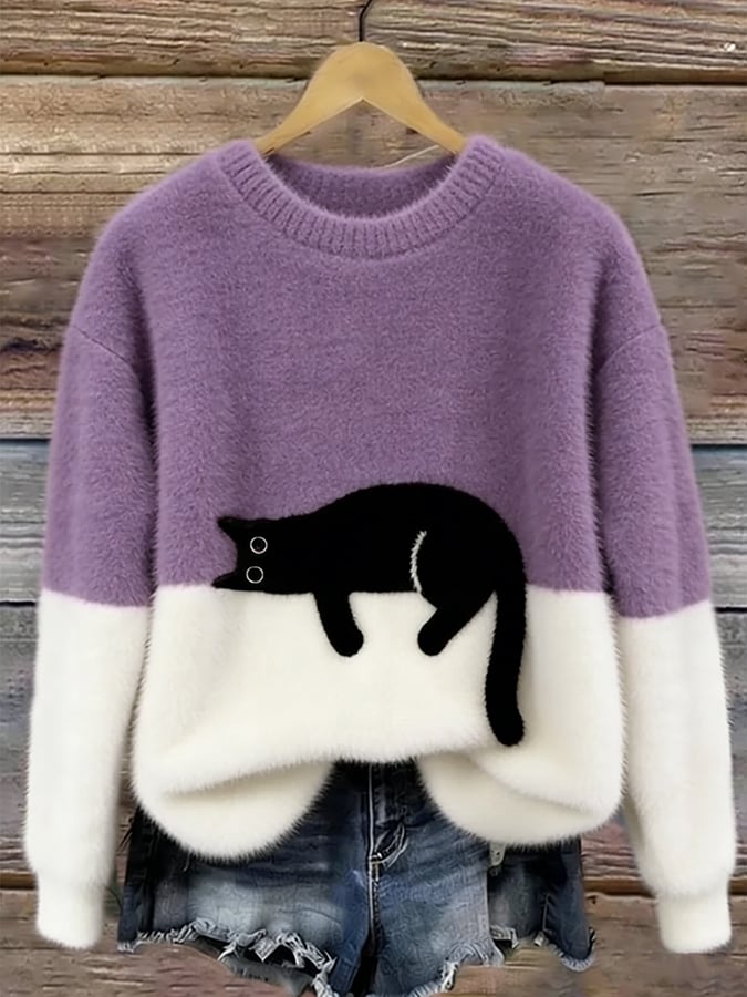 Women's Cat Print Pullover Sweater – Relaxed Fit Casual Knit