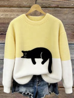 Women's Cat Print Pullover Sweater – Relaxed Fit Casual Knit