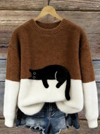 Women's Cat Print Pullover Sweater – Relaxed Fit Casual Knit