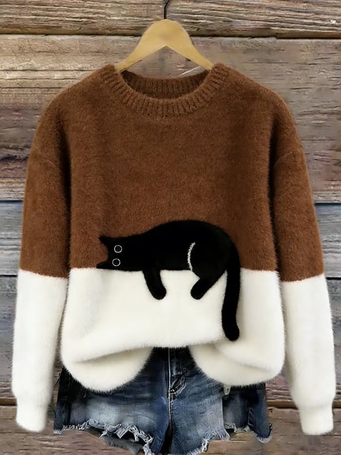 Women's Cat Print Pullover Sweater – Relaxed Fit Casual Knit