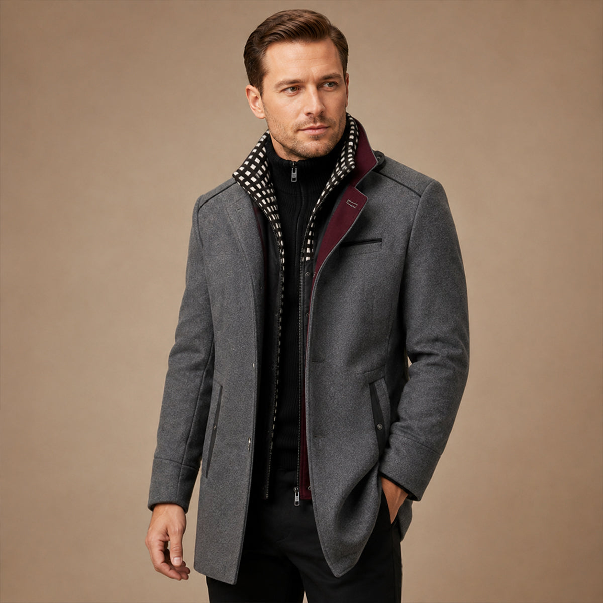 Men's Stand Collar Trench Coat – Smart Casual Wool Blend Overcoat