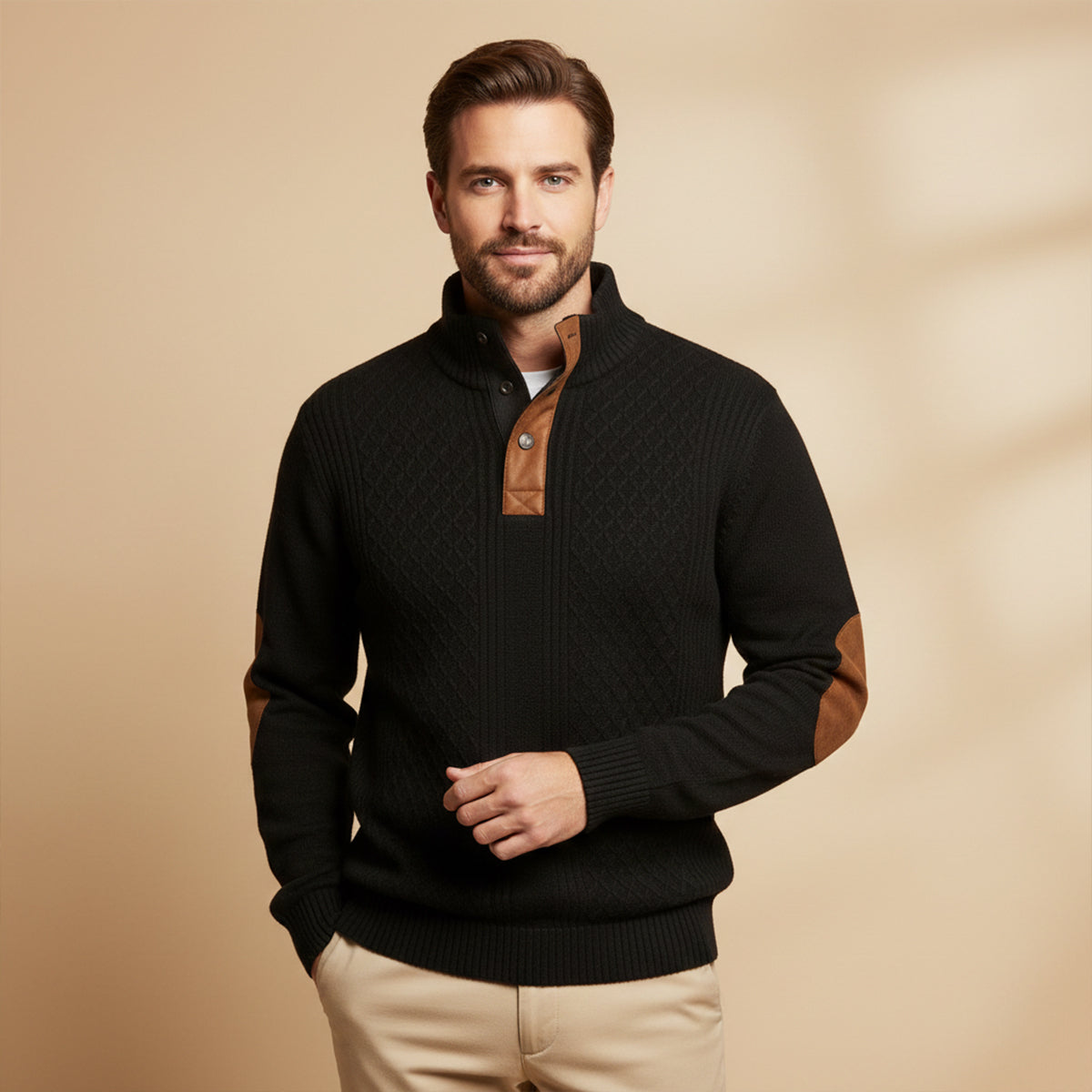 Men's Cable Knit High Collar Sweater – Retro Pullover with Elbow Patches