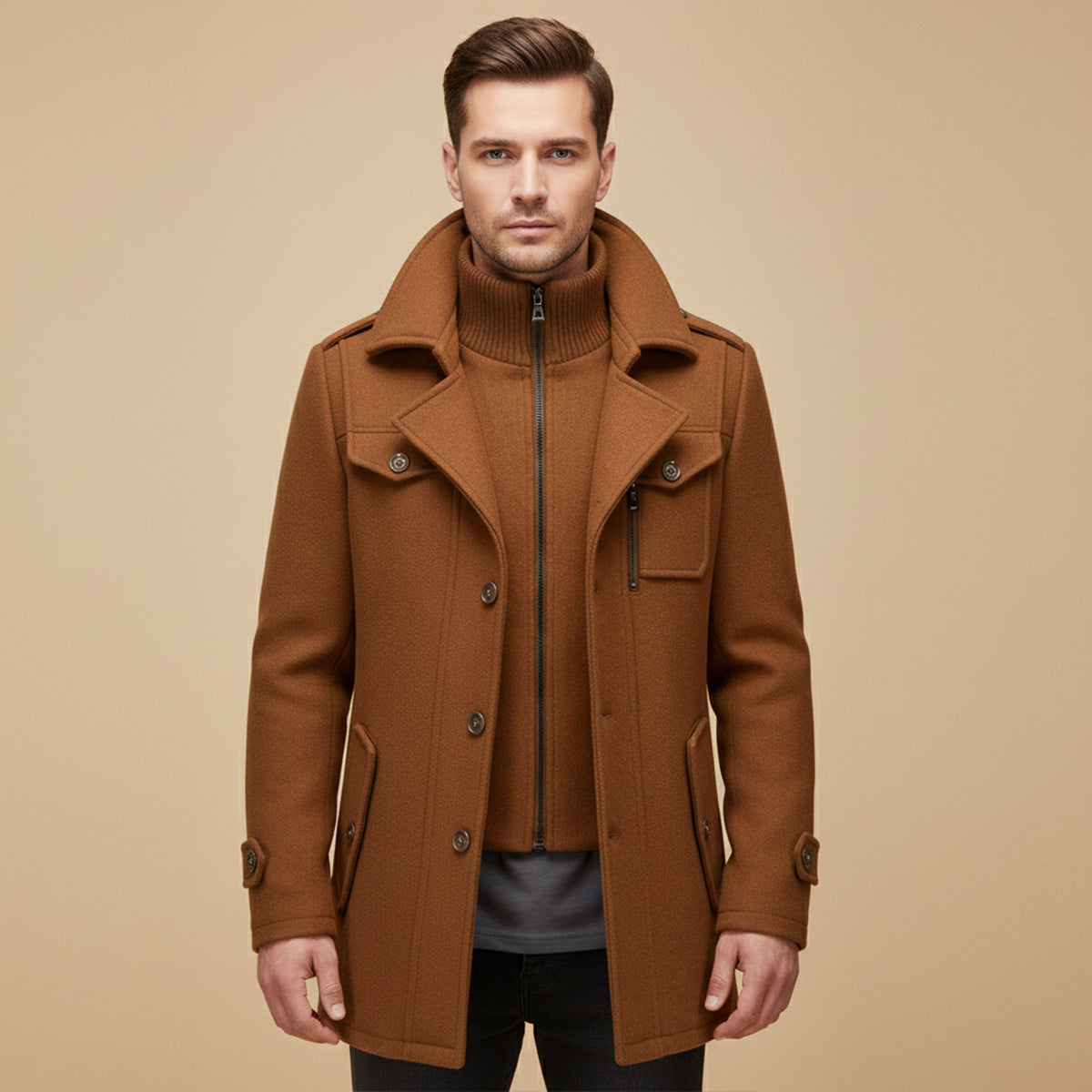 Men's Tailored Wool Blend Overcoat – Lapel Collar Trench-Style Coat