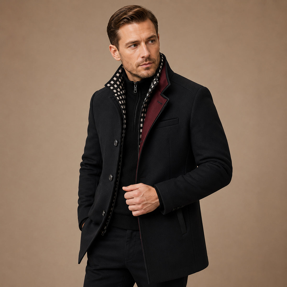 Men's Stand Collar Trench Coat – Smart Casual Wool Blend Overcoat