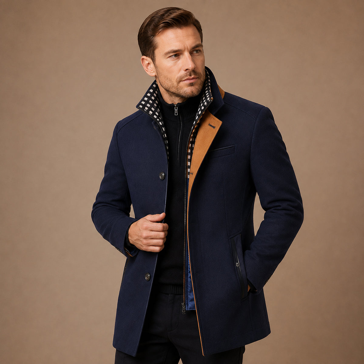 Men's Stand Collar Trench Coat – Smart Casual Wool Blend Overcoat