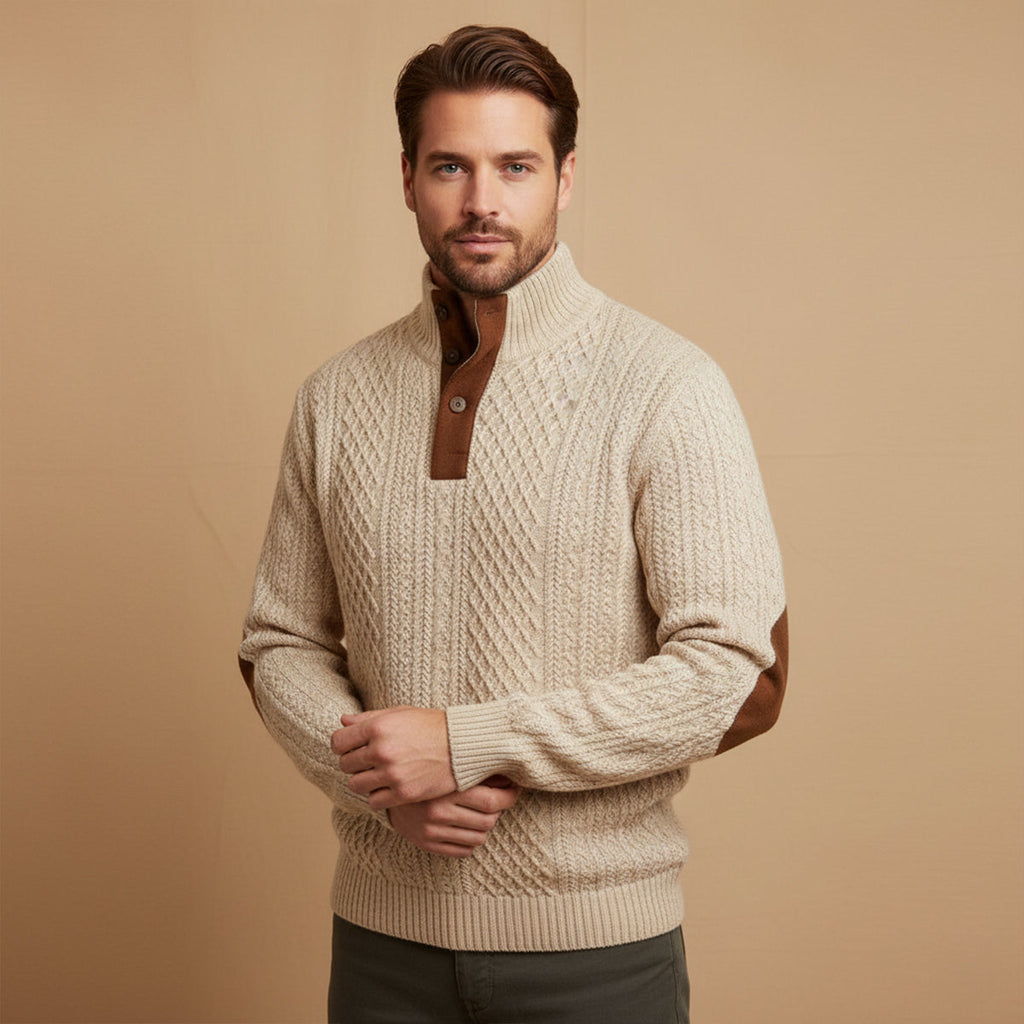 Men's Cable Knit High Collar Sweater – Retro Pullover with Elbow Patches