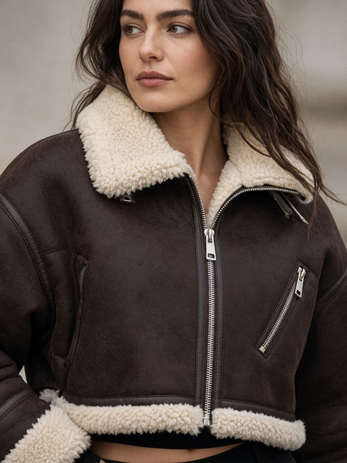 Women's Cropped Faux Shearling Jacket – Two-Tone Belted Aviator