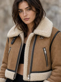 Women's Cropped Faux Shearling Jacket – Two-Tone Belted Aviator