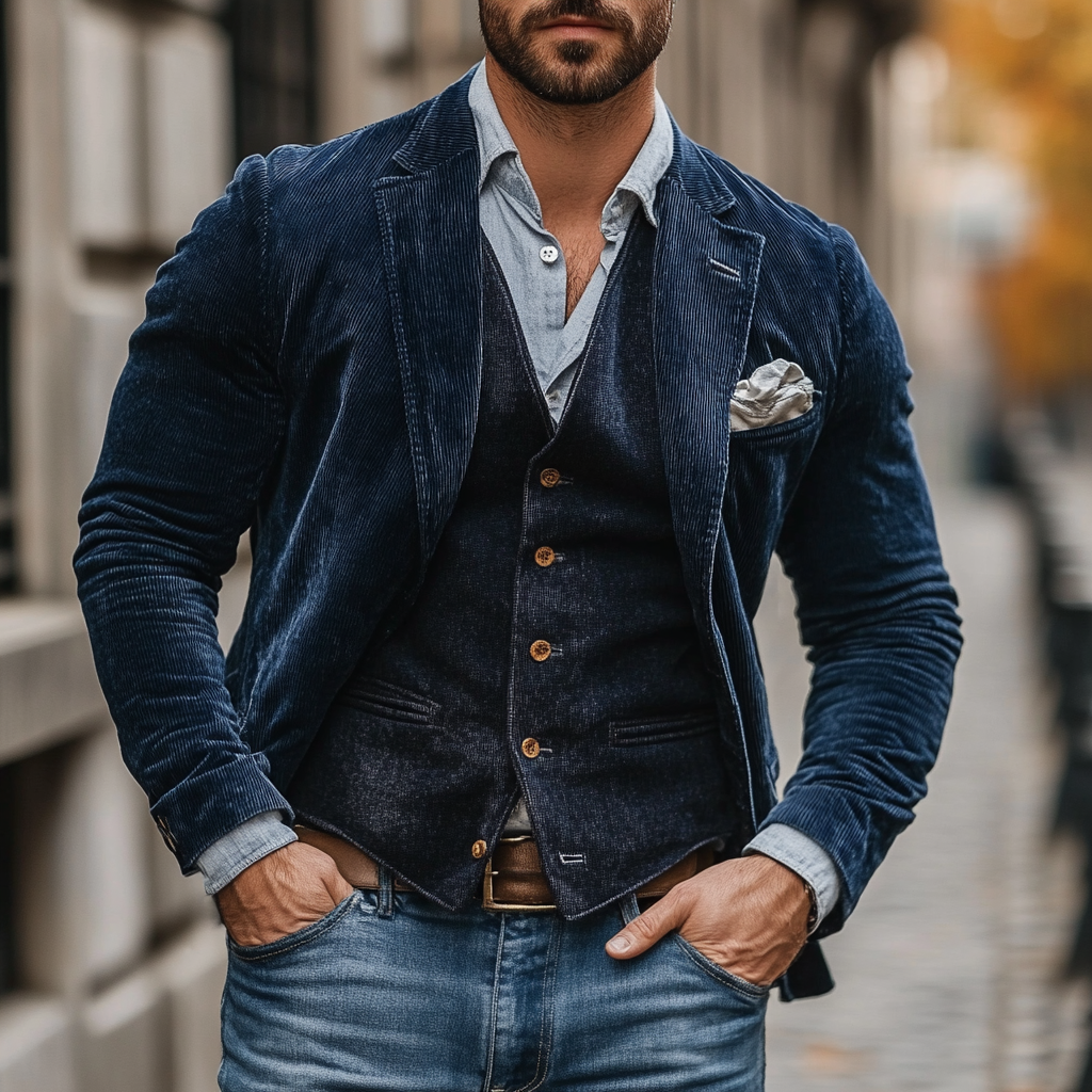 Men's Corduroy Blazer and Vest Set – Two-Piece Tailored Smart Casual Suit