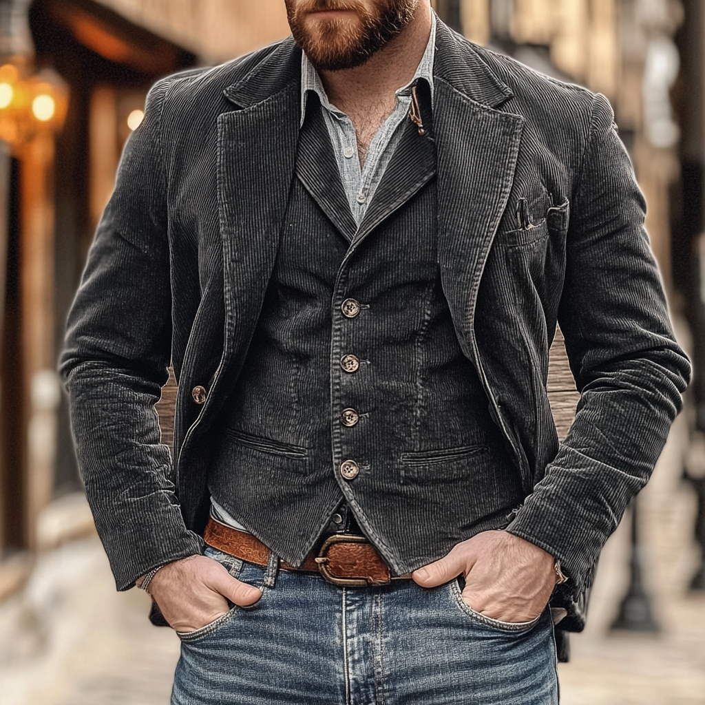 Men's Corduroy Blazer and Vest Set – Two-Piece Tailored Smart Casual Suit