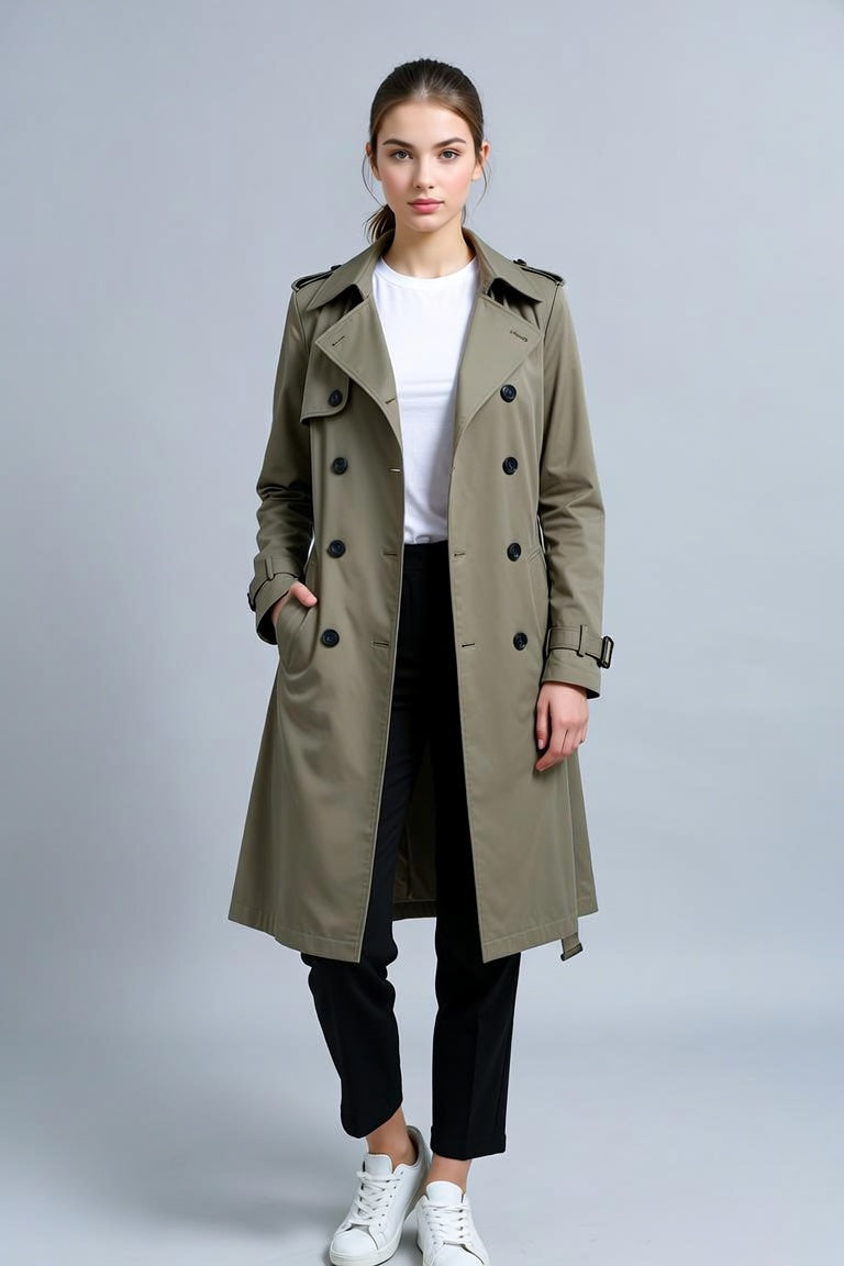 Women's Classic Belted Trench Coat – Double-Breasted All-Season Coat