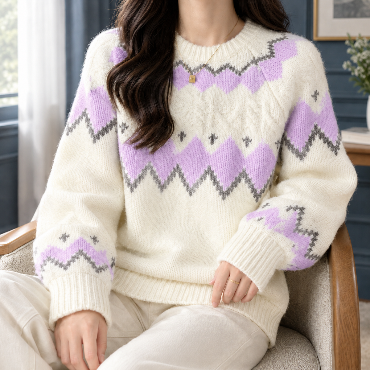 Frida | Women Fair Isle Cable Knit Sweater