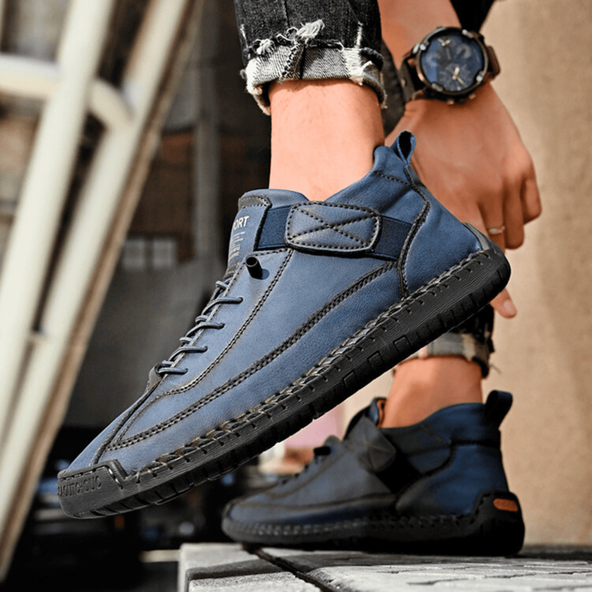 Men's Vintage Casual Sneakers – Stitch Detail Strap Cushioned Shoes