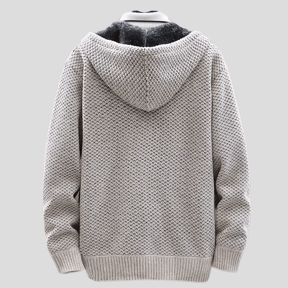 Men's Hooded Zip-Up Knit Cardigan – Chunky Knit Lined Sweater Jacket