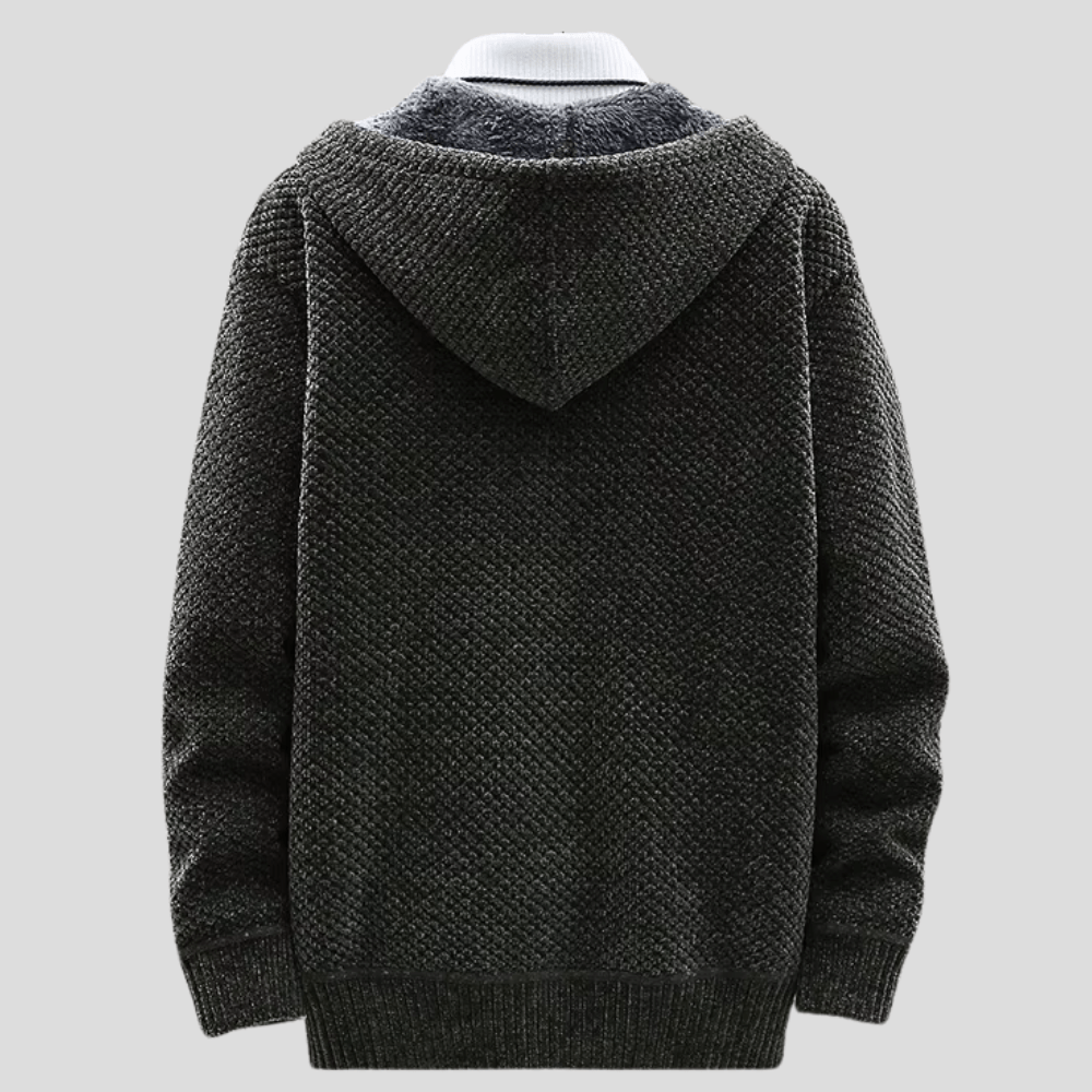 Men's Hooded Zip-Up Knit Cardigan – Chunky Knit Lined Sweater Jacket