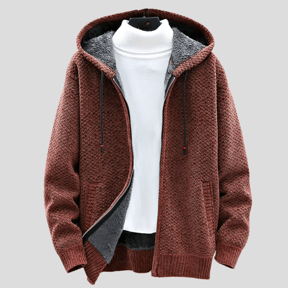 Men's Hooded Zip-Up Knit Cardigan – Chunky Knit Lined Sweater Jacket