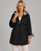 Women's Hooded Trench Coat with Plaid Lining – Zip Front Jacket with Adjustable Waist