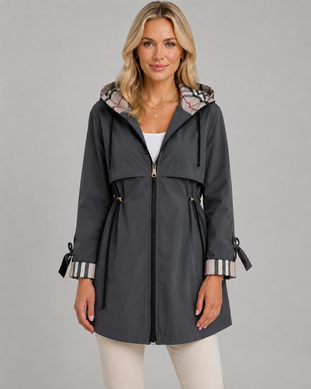 Women's Hooded Trench Coat with Plaid Lining – Zip Front Jacket with Adjustable Waist